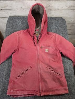 Carhartt Women’s Small 4/6 Pink Sherpa Lined Hooded Jacket Workwear Distressed